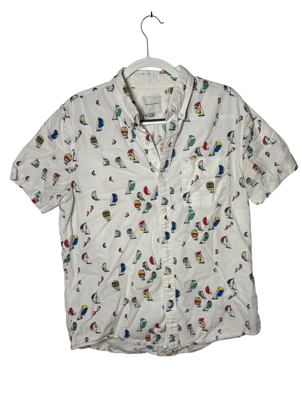 American Eagle Sailboat Print Button Up Shirt Large 100% Cotton Summer Preppy